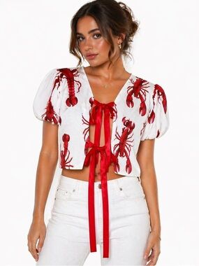 Lobster Print Tie Front Cropped Blouse Puff Sleeve Coastal Statement Top M